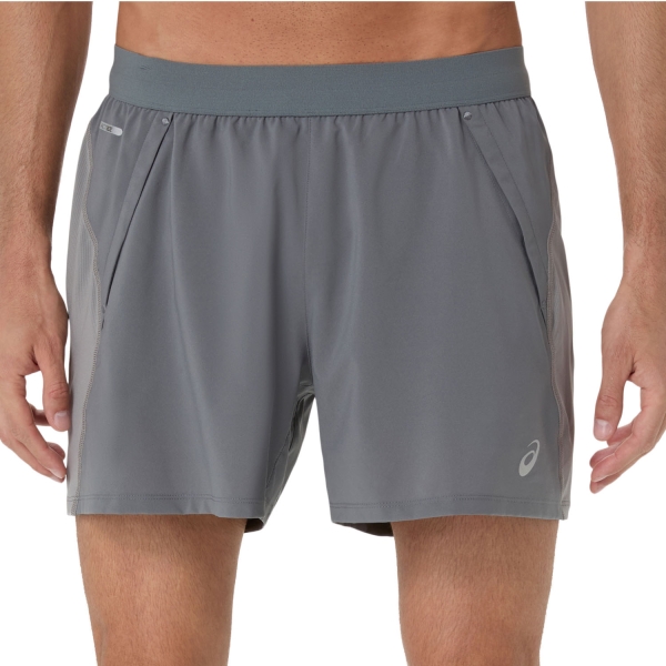 Pantaloncino Running Uomo ASICS Road Logo 5in Shorts  Clay Grey/Steel Grey/Illuminante Green 2011D247020